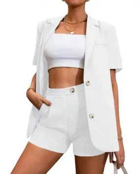 2-Piece Work Dress Set with Short Sleeve Cardigan Blazer, High-Waisted Shorts