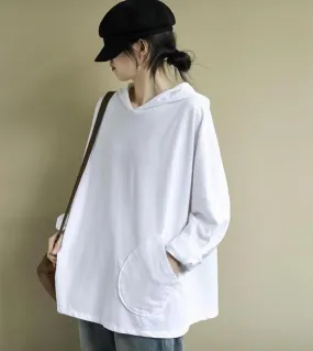 2022 Loose Hooded Long Sleeve Tee Shirt Autumn Spring Style Arts Casual Cotton White Women's T-shirt