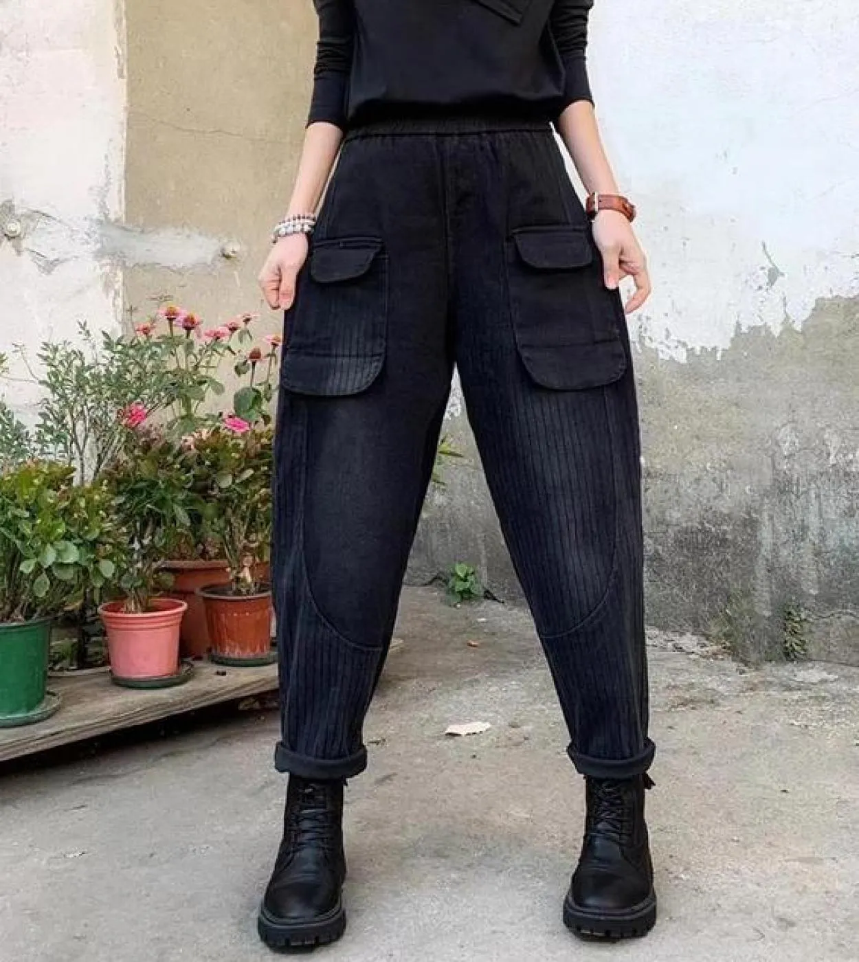 Patchwork Wide Leg Jeans in Elastic Waist Cotton Denim Casual Harem Pants Spring Autumn New Arts Style for Women 2022