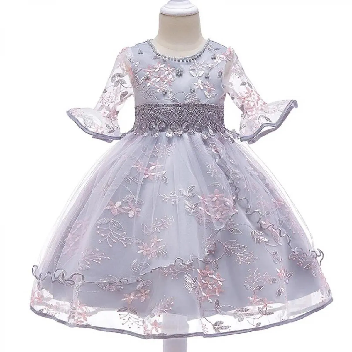 Elegant Floral Embroidered Dress for Girls Half Sleeve Children's Birthday Party Dresses Girls Formal Costume