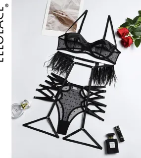 Transparent Polka Dot Lingerie Set Sheer Bra Women's 3-Piece Fancy Slip Dress