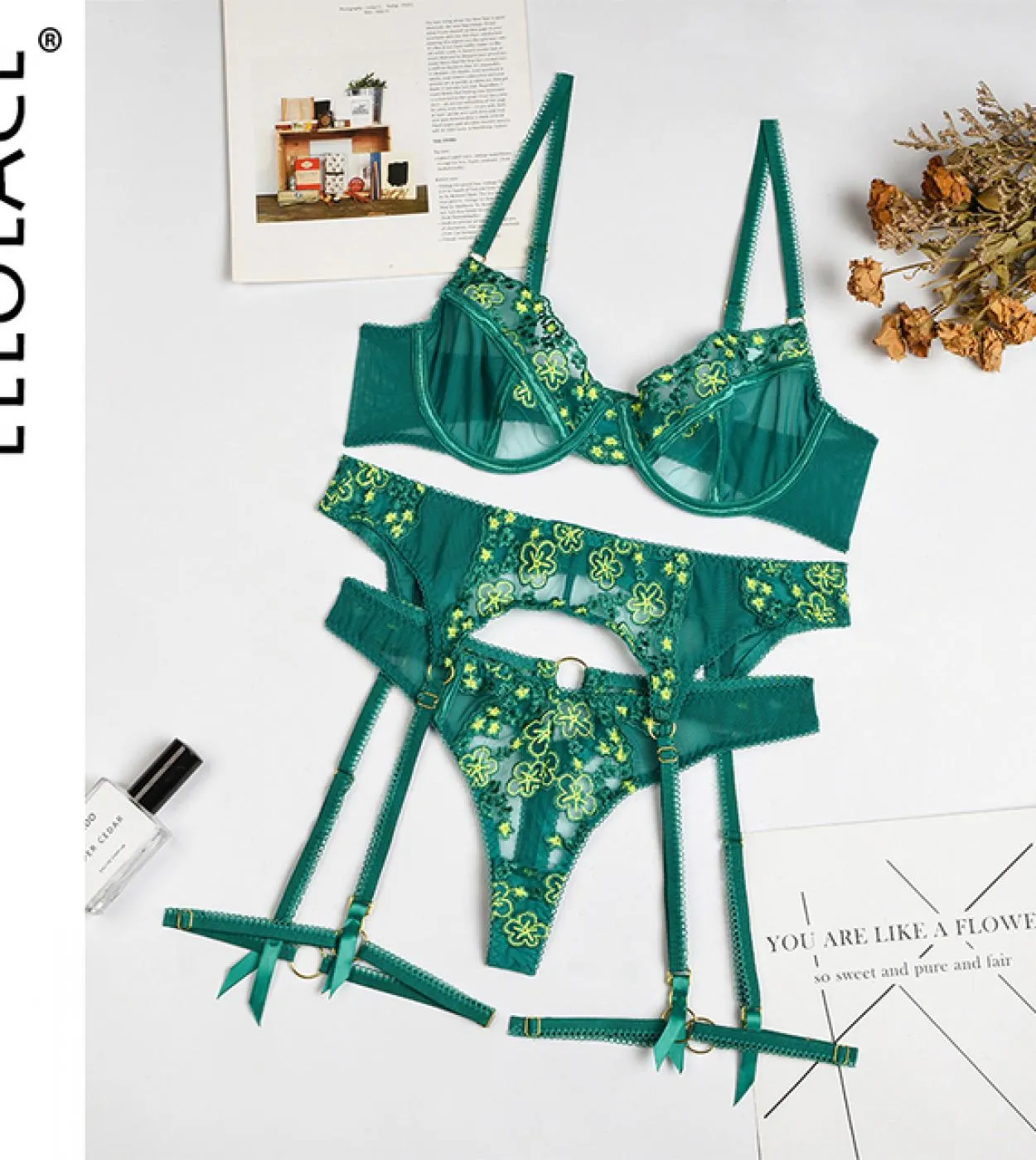 Exotic Green Lace Intimate Lingerie Set 3-Piece Love Lingerie Fantasy Embroidery Slip with Garter Belts