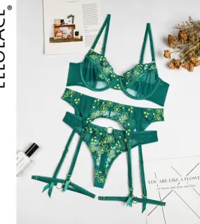 Exotic Green Lace Intimate Lingerie Set 3-Piece Love Lingerie Fantasy Embroidery Slip with Garter Belts
