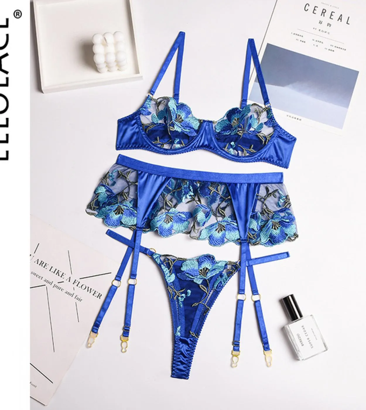 Floral Women's Lingerie Set with Transparent Bra and Panties with Garters