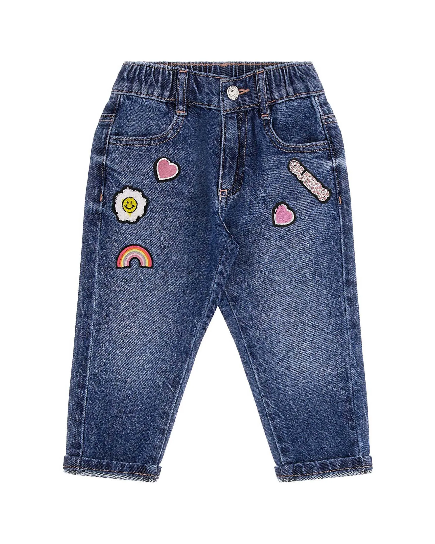Dark Stone Washed Cotton Jeans with Colorful Patches and Heart Pockets 4-7 Years
