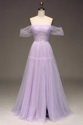 Lilla Off The Shoulder A Line Tulle Princess Prom Dress con spacco