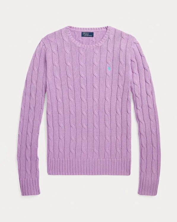Maglioncino color lilla in cotone lavorazione a trecce con logo azzurro ricamato