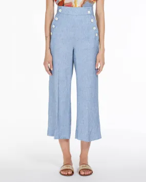 Pantaloni a trombetta a vita alta in lino e viscosa effetto stuoia con bottoni frontali