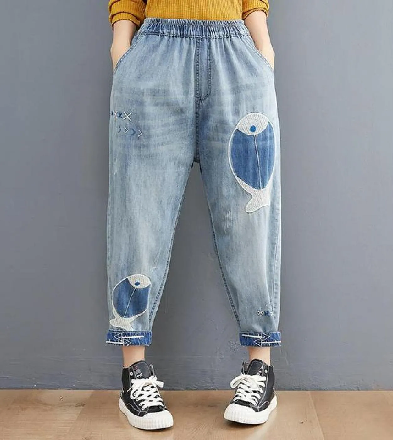Embroidered Cotton Denim Wide Leg Harem Casual Women's Jeans