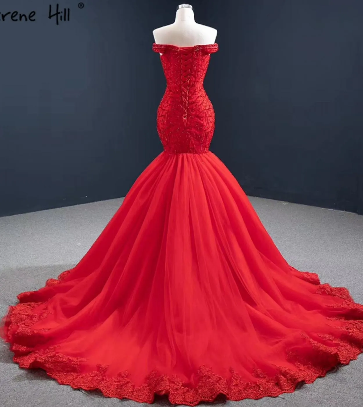 Red Mermaid High-End Evening Gown with Open Shoulders and Diamond-Adorned Formal Dress by Serene Hill Hm67150