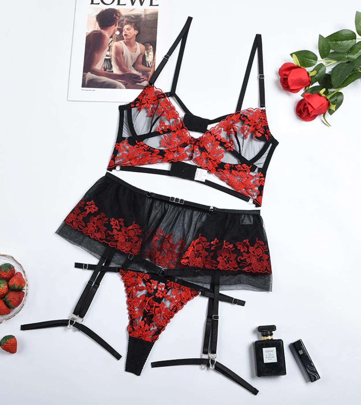 3-Piece Women's Lingerie Set Bra Garter Belt and Panty Set Garter Lingerie Set