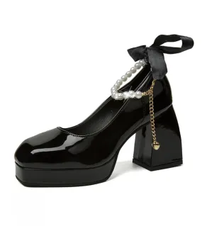Square Toe Black High Heels with Bow