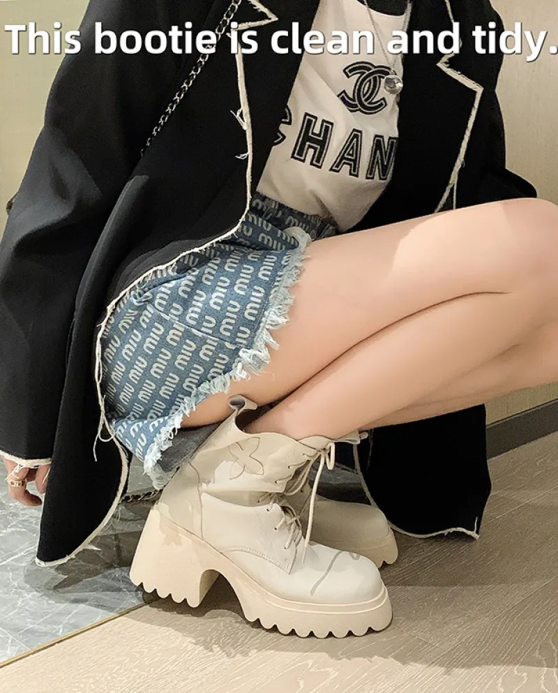 Chic Cowhide Chunky Heel Short Boots With Thick Soles for Petite Individuals