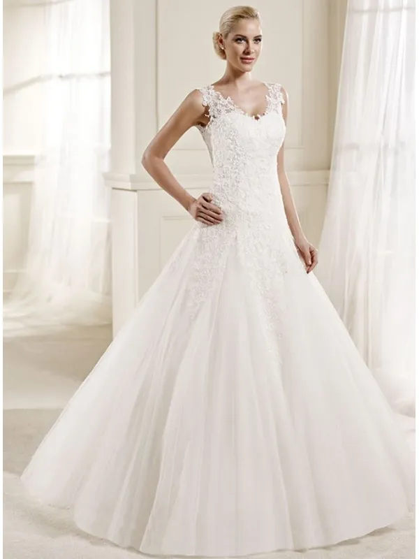 Abito da Sposa Scollo a V in Tulle con Ricami di Pizzo e Schiena Scoperta