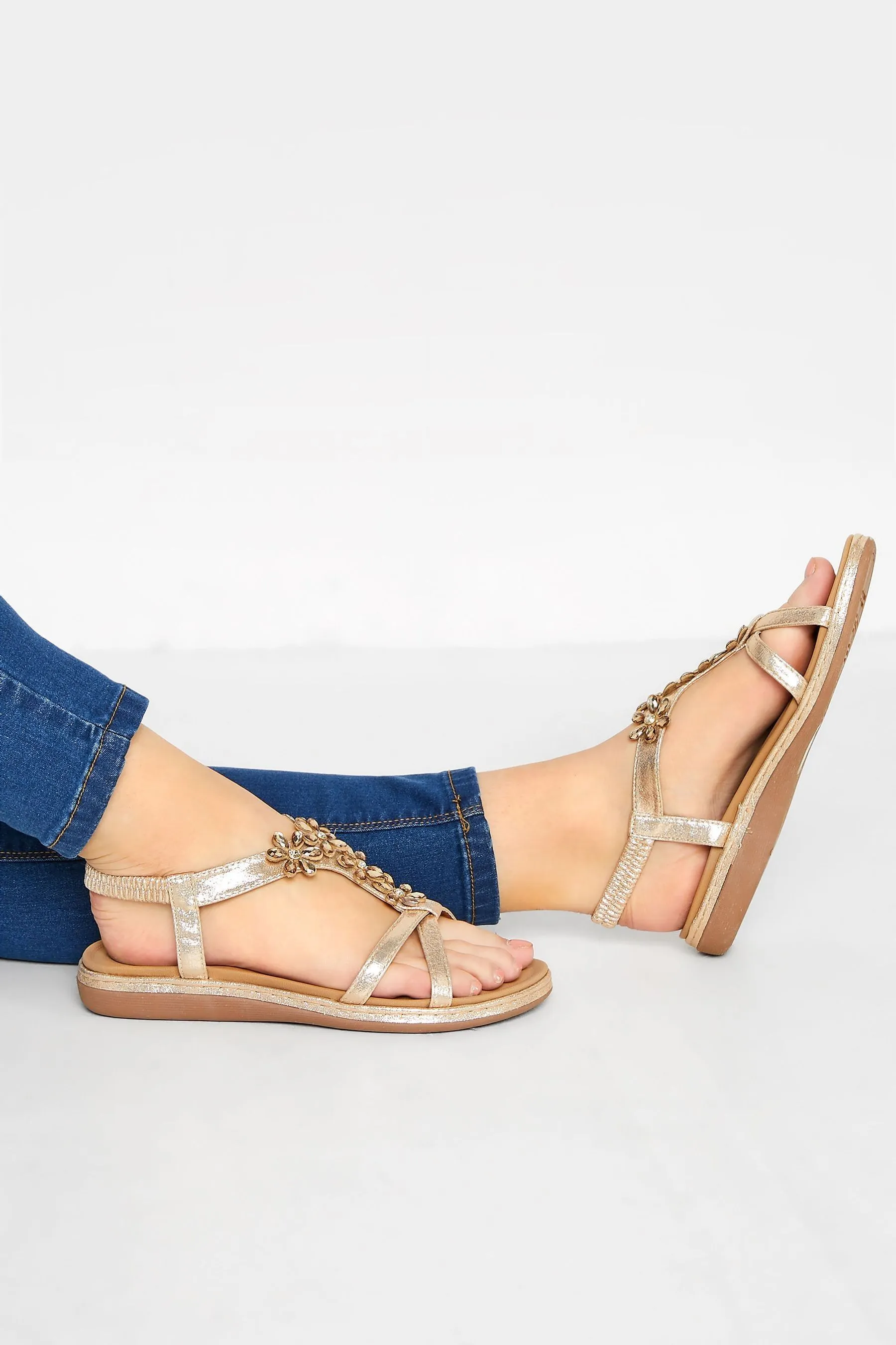 Wide Fit Floral Sandals with Rhinestones by Yours Curve
